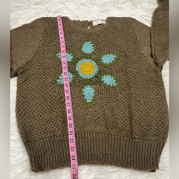 Mu Fashion Women's Floral Sunflower Sweater Olive Green Balloon Sleeves - Picture 9 of 10